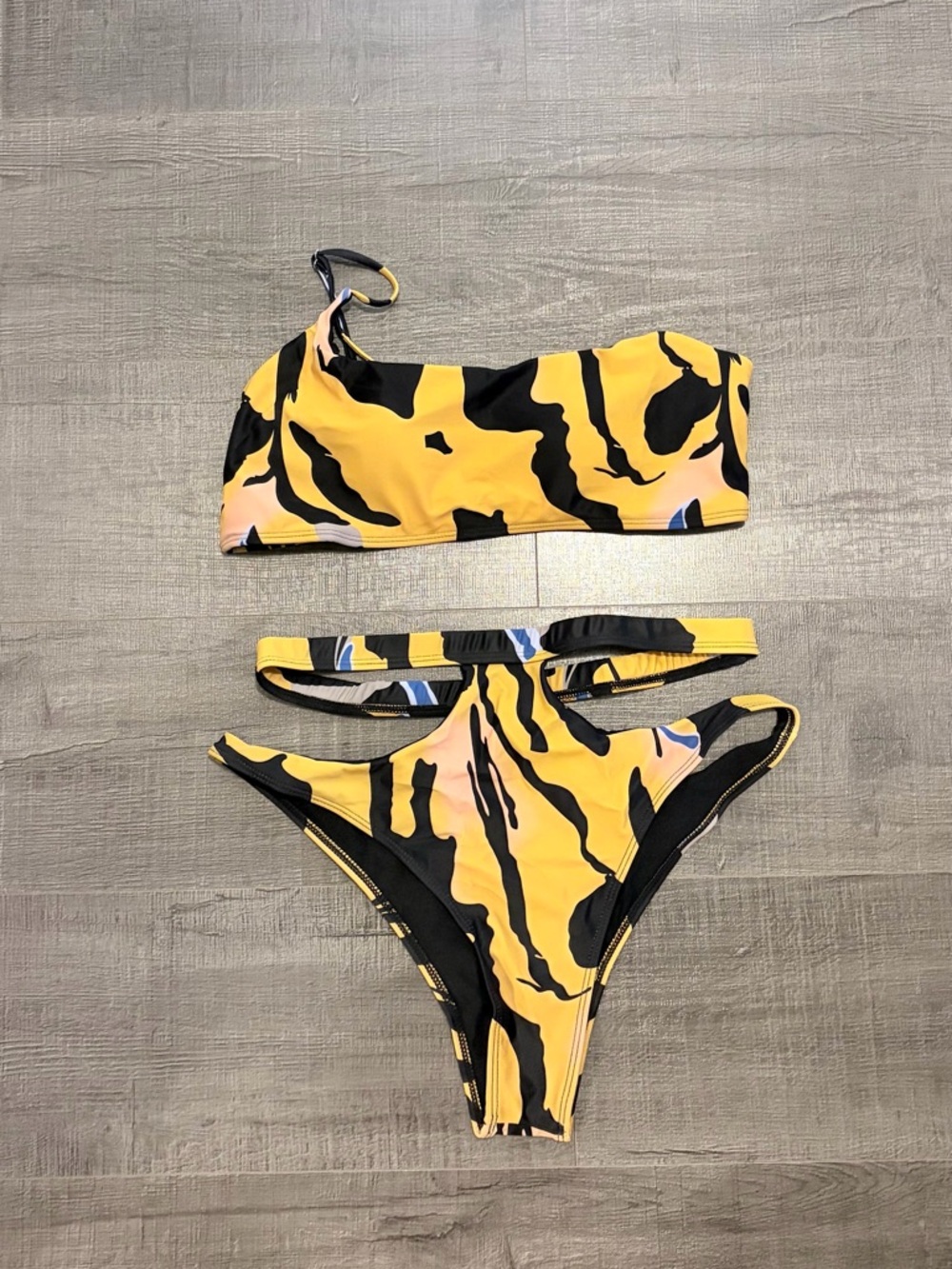 Yellow Black Abstract One-Shoulder Bikini Set